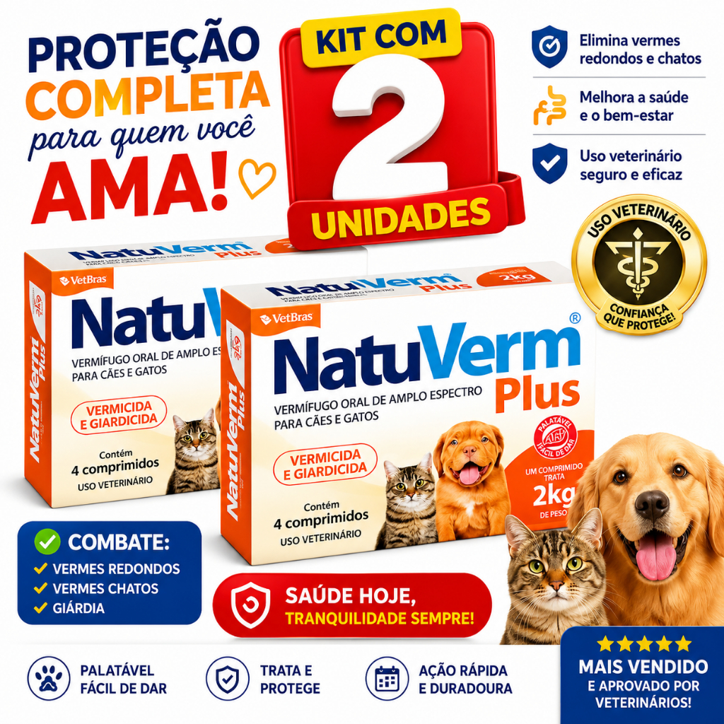Kit C/2 Caixas C/4 Comprimidos Vermifugo Sabor Carne Natuverm Plus Cães e Gatos Até 2kg