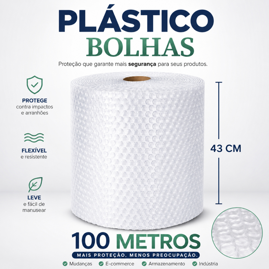 Plástico Bolha - Bobina 43 cm X 100 Mts E-commerce 25 Micras Bolha