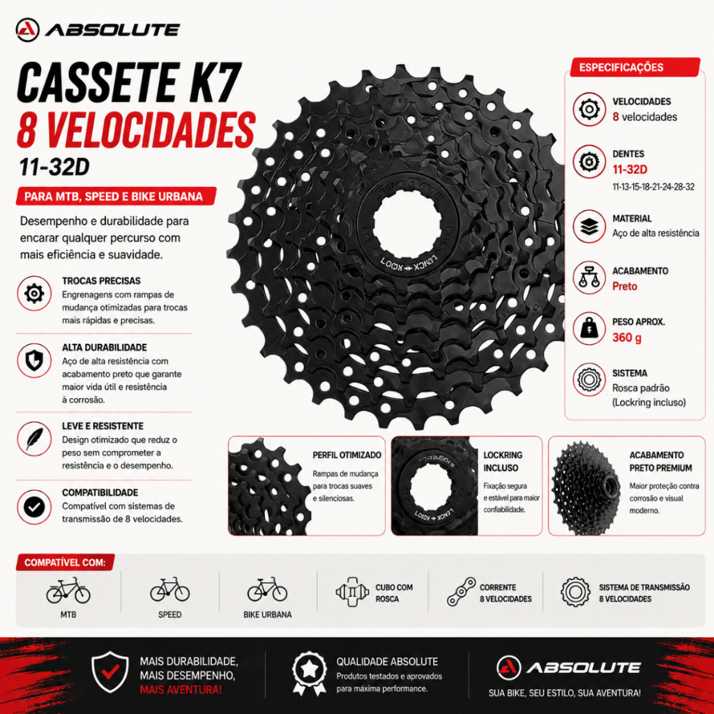 CASSETE K7 8 VELOCIDADES 11-32D PARA MTB, SPEED E BIKE URBANA – PRETO