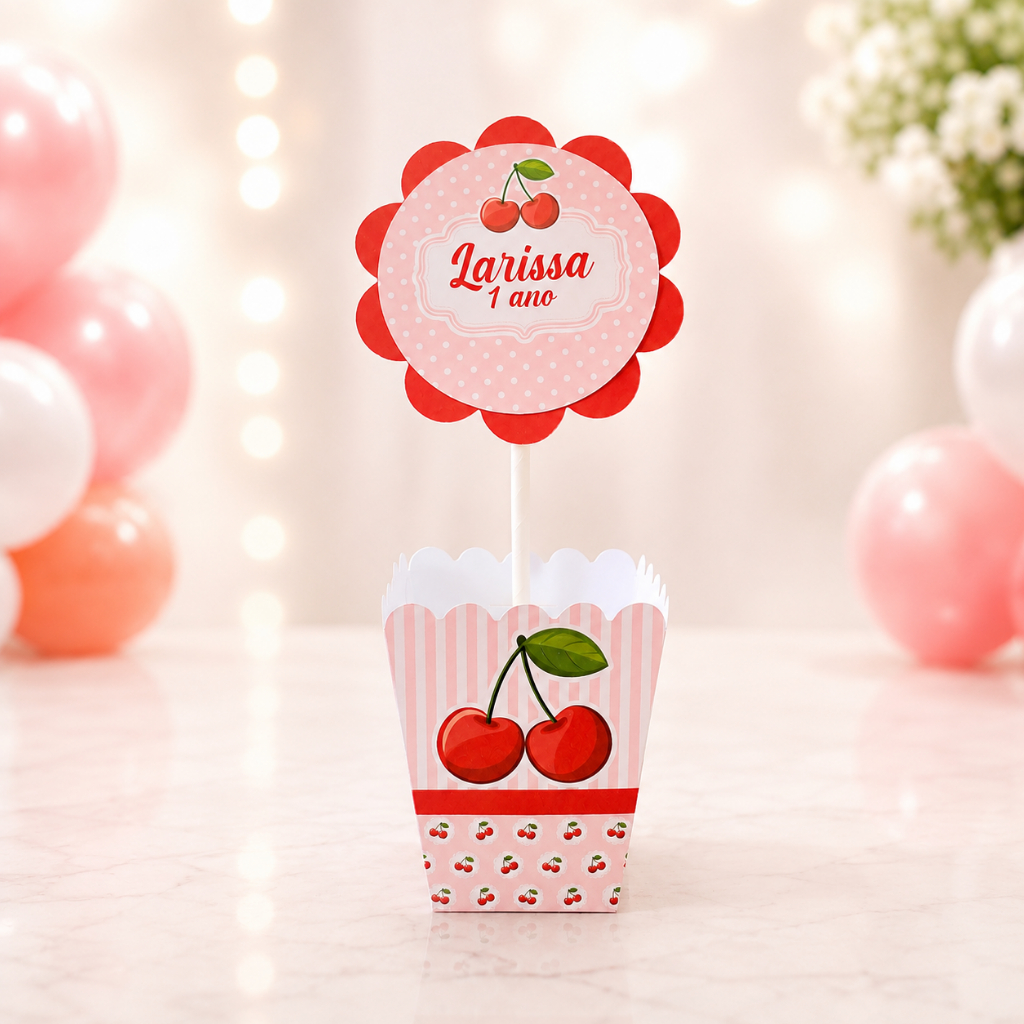 Centro de Mesa Personalizado Cereja - Cachepot Cerejinha - Lembrancinhas festa infantil/Aniversário