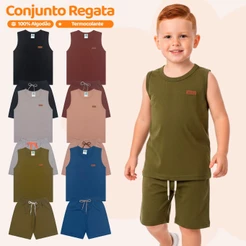 Kit 3 ou 2 Conjuntos Regatas Monocromático Infantil Menino Básica Lisa Camiseta Masculino Verão Algodão Roupa de Calor