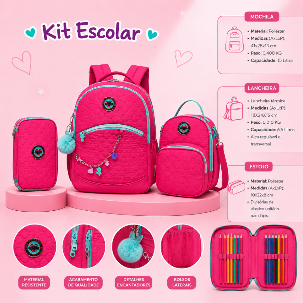 Kit Mochila Escolar Juvenil Feminina Lancheira Térmica Estojo Organizador