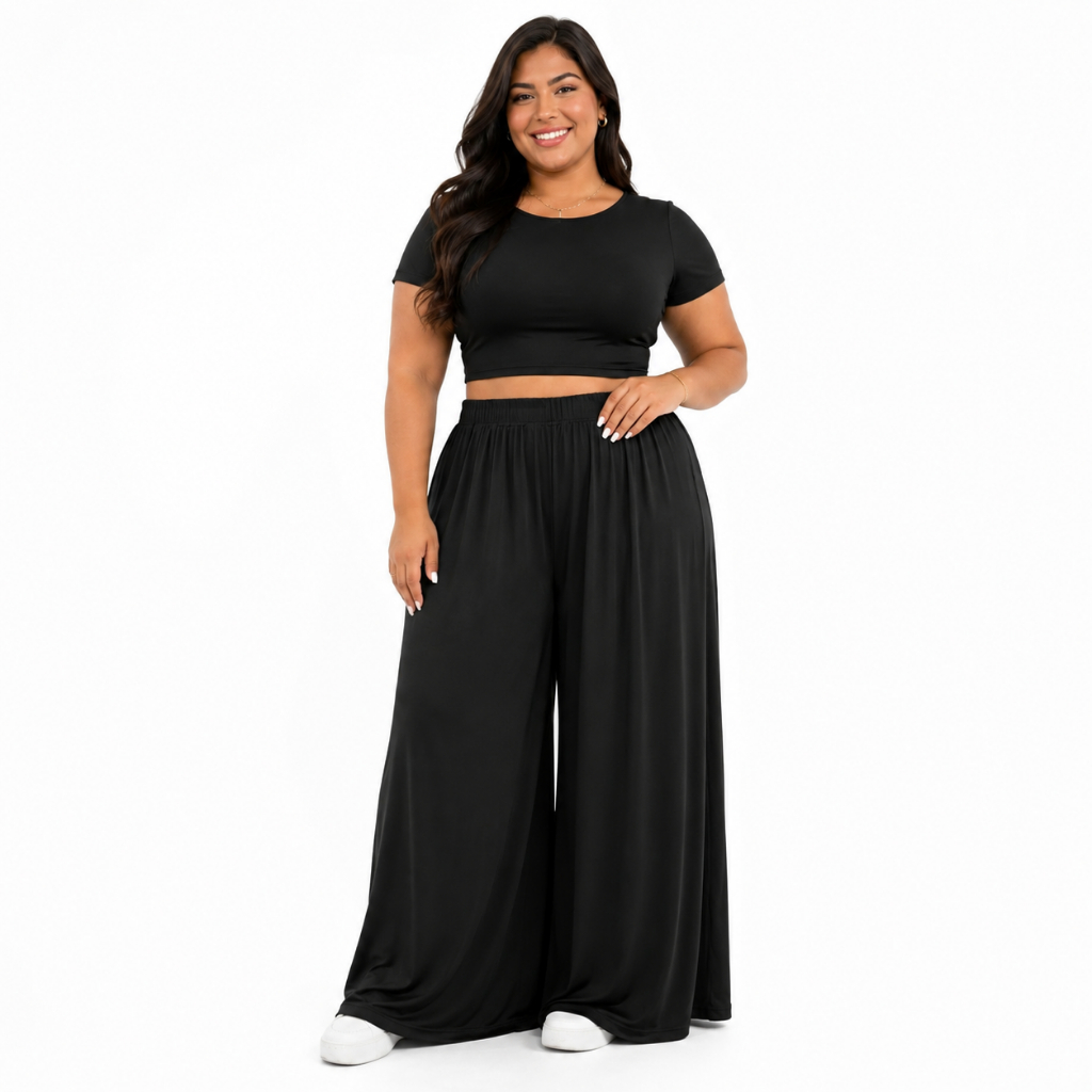 Conjunto Plus Size Feminino Blusa Manga Curta Cropped e Calça Pantalona Viscolycra Fashion Versátil Inverno