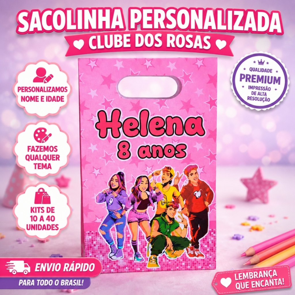 Sacolinha Personalizada Clube dos Rosas Emily Vick – Lembrancinha Festa Infantil -Qualquer Tema