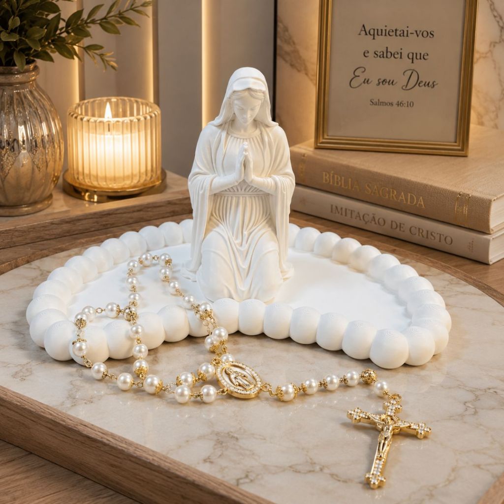 Porta Terço Nossa Senhora em Bandeja Decorativa 3D Virgem Maria para cantinho de oração