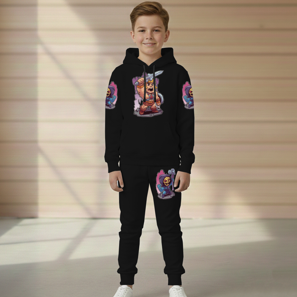 Conjunto Moletom He-Man Espada Infantil Blusa Canguru e Calça Flanelado Do Tamanho 2 ao 16