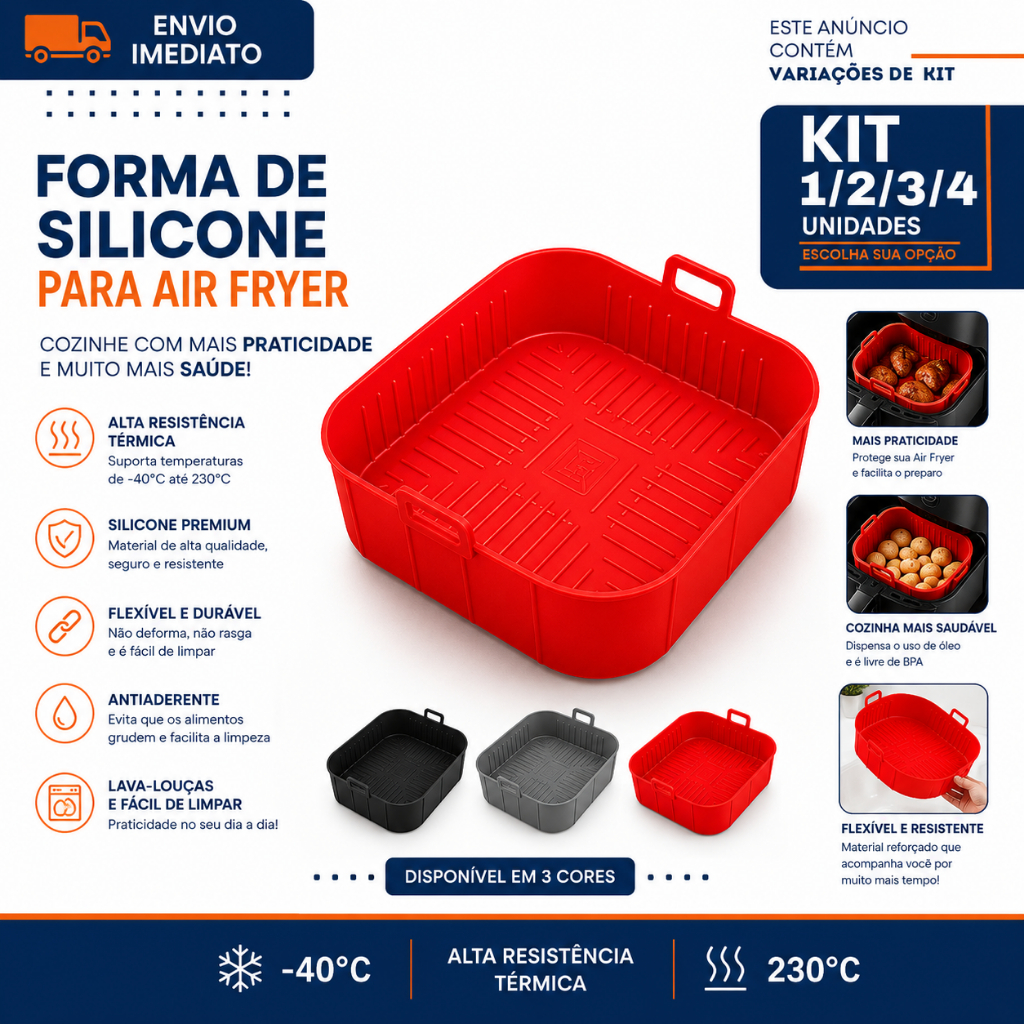 Forma de Silicone 20x20cm Quadrada 1/2/3/4 para Air Fryer Reutilizável Antiaderente Resistente Premium Até 230°C Premium