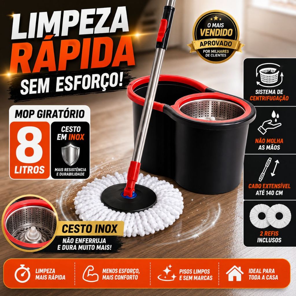 Mop Giratório com Balde Inox + 2 Refis | Cabo Extra Longo 140cm | Limpeza Prática e Rápida - NYBC