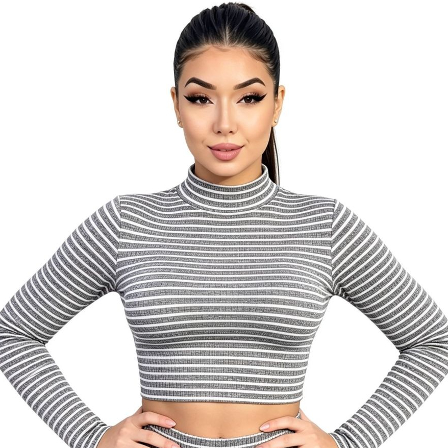 CROPPED LISTRADO MANGA LONGA GOLA ALTA JUSTO CANELADO FEMININO