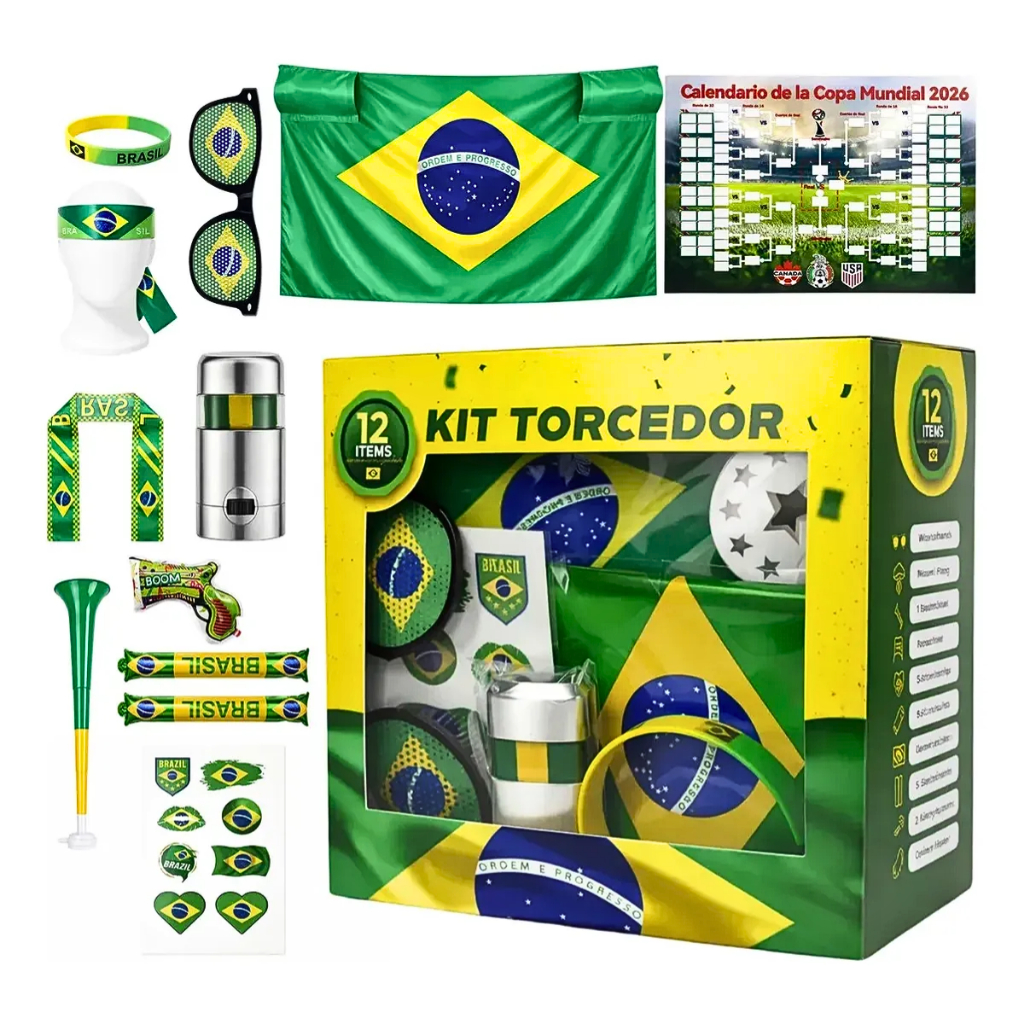 Kit Torcedor do Brasil Copa do Mundo 2026 Completo com 12 Itens Acessórios Trompete Óculos Pulseira