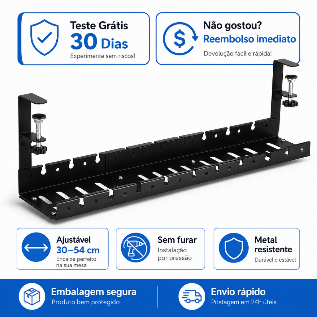 Organizador De Cabos Sob Mesa Ajustável 30 a 54cm Sem Furar Suporte Metal Para Filtro De Linha Mesa Gamer