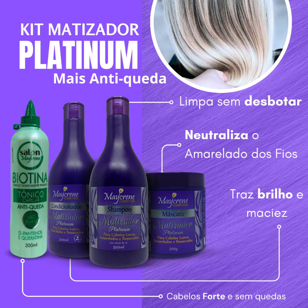 Kit Matizador Platinum Maycrene 3x500ml mais Tônico Antiqueda Cabelos Forte e com loiro desejado