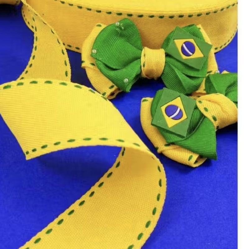 Fita Gorgurao Amarela com Pesponto Verde YAMA Decoração Customização Laços Tiaras 5metros 38mm