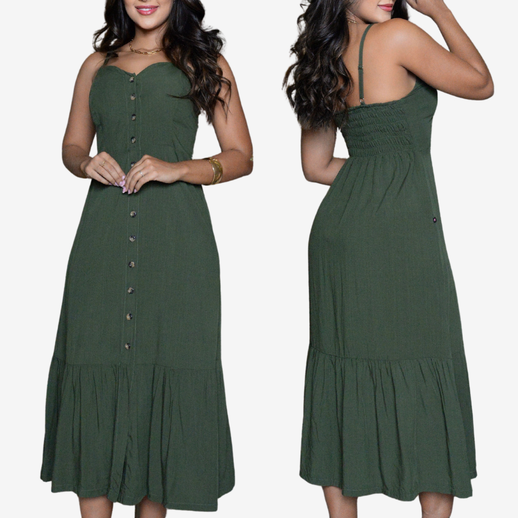 Vestido Midi Feminino Alcinha com Botões Modelagem Soltinha Liso e Estampado Floral
