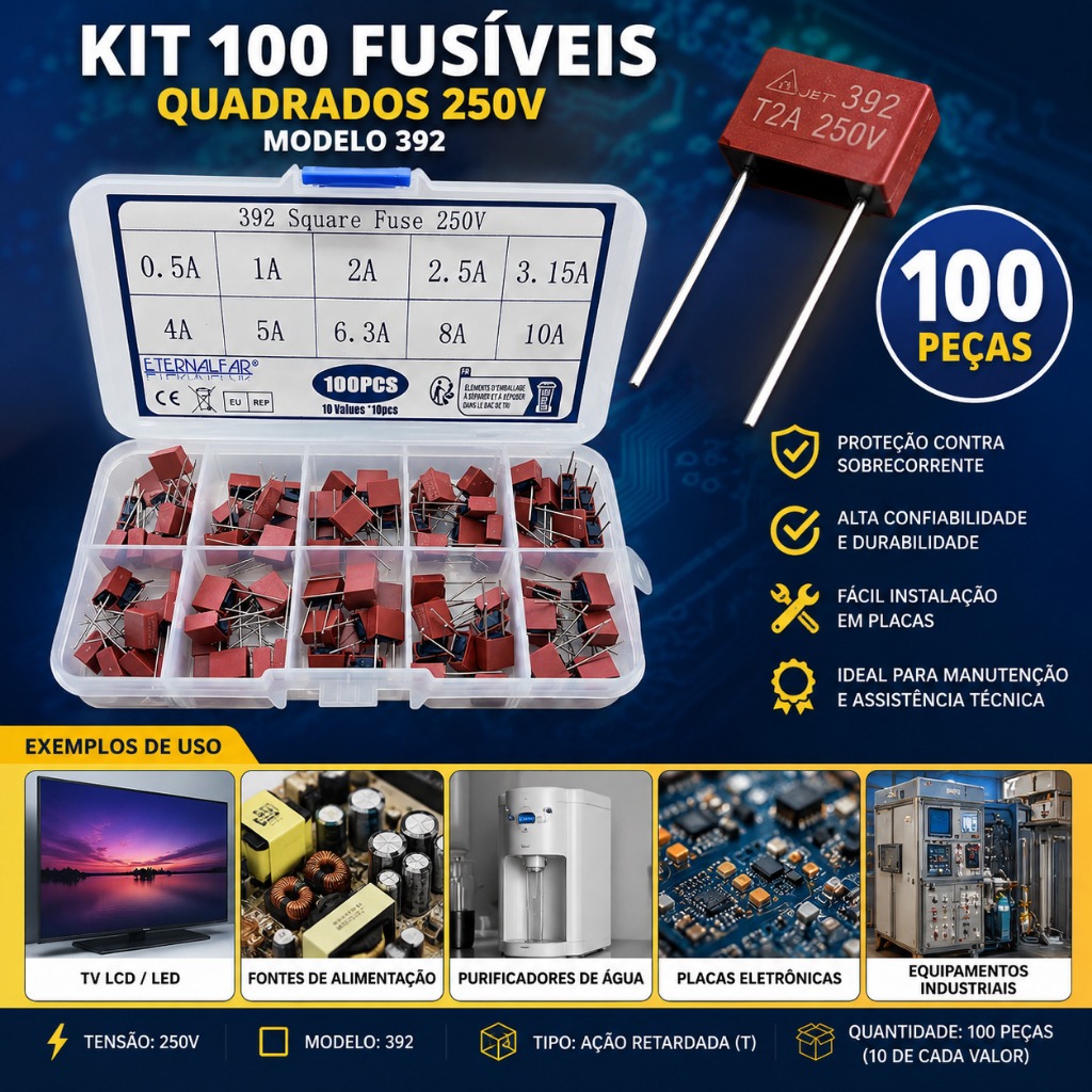 Kit 100 Fusíveis Térmicos Quadrados 250V T50mA T500mA T1A T2A T2.5A T3.15A T4A T5A T6.3A T8A T10A Para TV LCD Fonte Puri