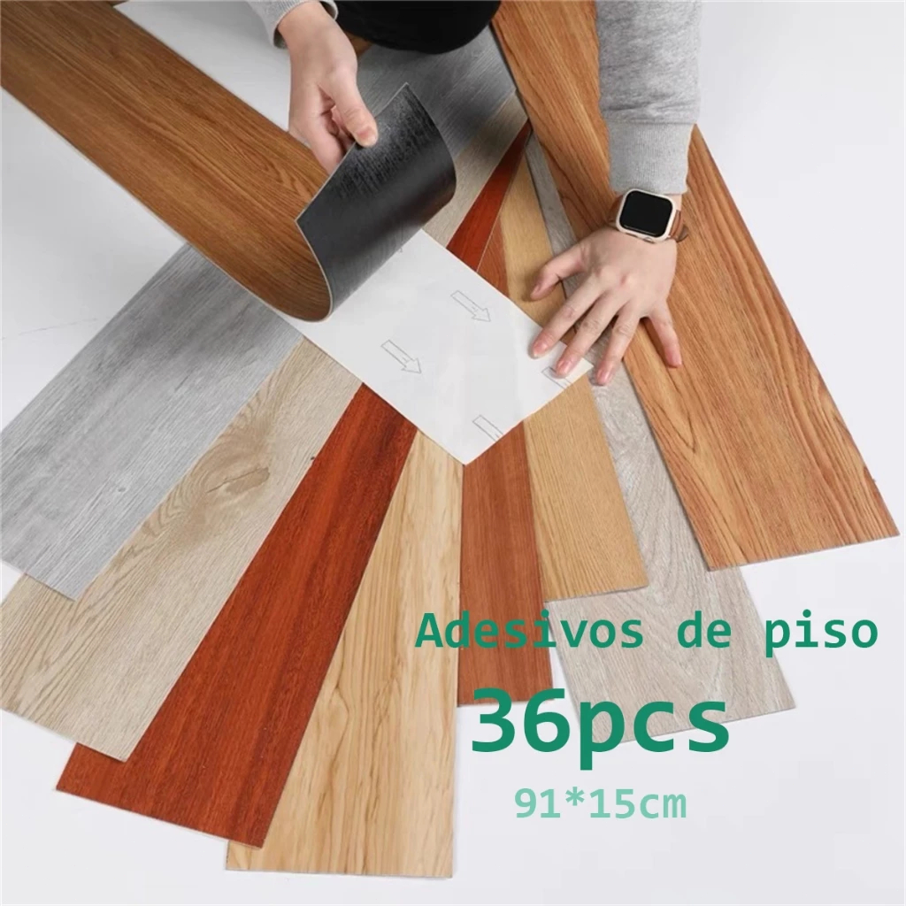 36 PCS Adesivo de Piso Madeira Moderno Antiderrapante Lavável Autocolante 91,4x15,2cm