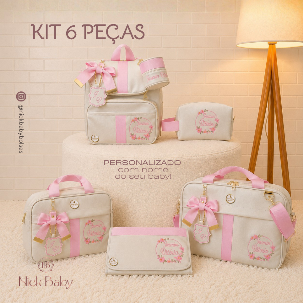 KIT MALA MATERNIDADE COM 6 PEÇAS PERSONALIZADA LUXO. BOLSAS MATERNIDADE PERSONALIZADA COM NOME DO BEBÊ. NICK BABY BOLSAS