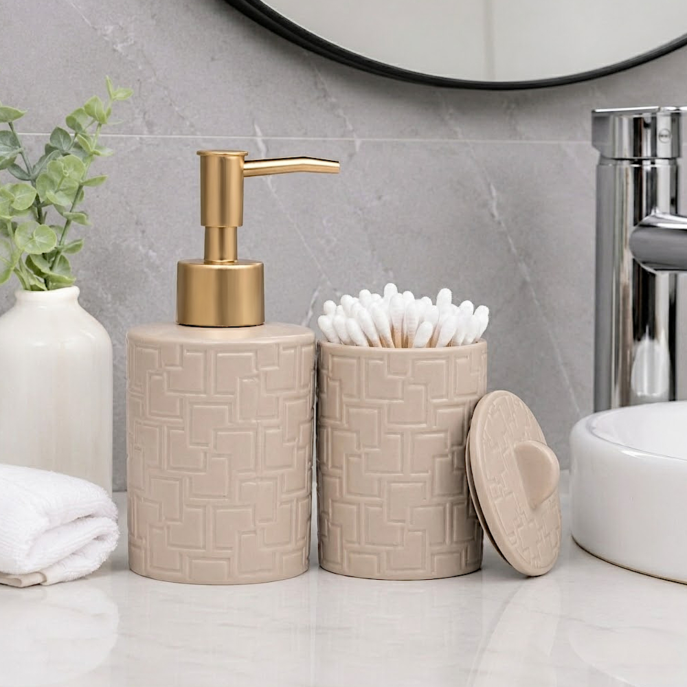 Kit Banheiro Saboneteira e Porta Acessórios Lavabo Cerâmica Elegante Tetri Bege Ou Branco