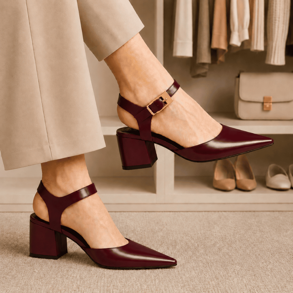 Sapato Feminino Slingback Bico Fino Salto Grosso Baixo Scarpin Mule Confortável