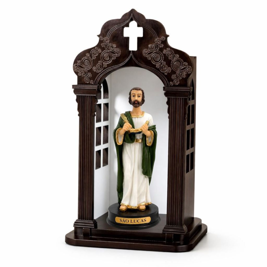 Imagem São Lucas Resina 15cm Com Oratorio Madeira Capela Mdf