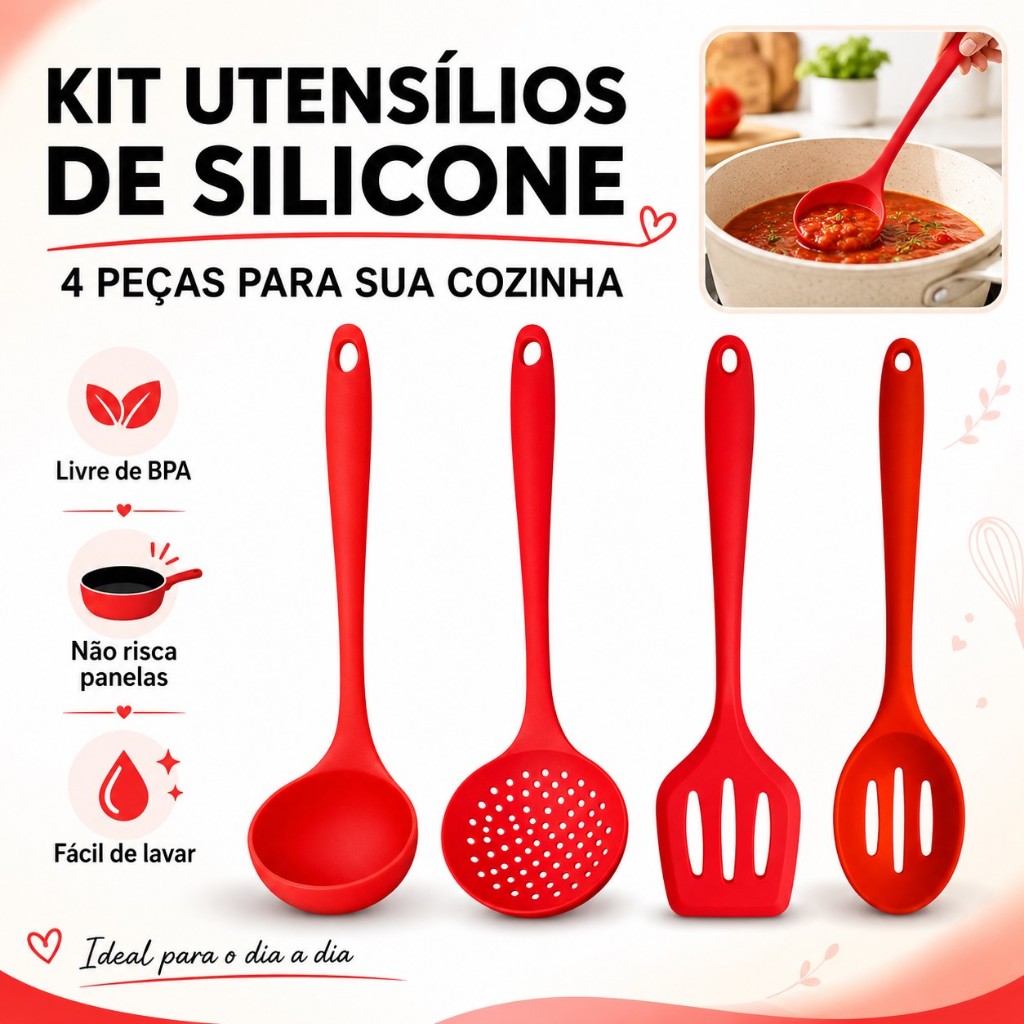 Kit Utensílios de Silicone Para Cozinha Preto / Vermelho Resistente Livre de BPA Praticidade Premium