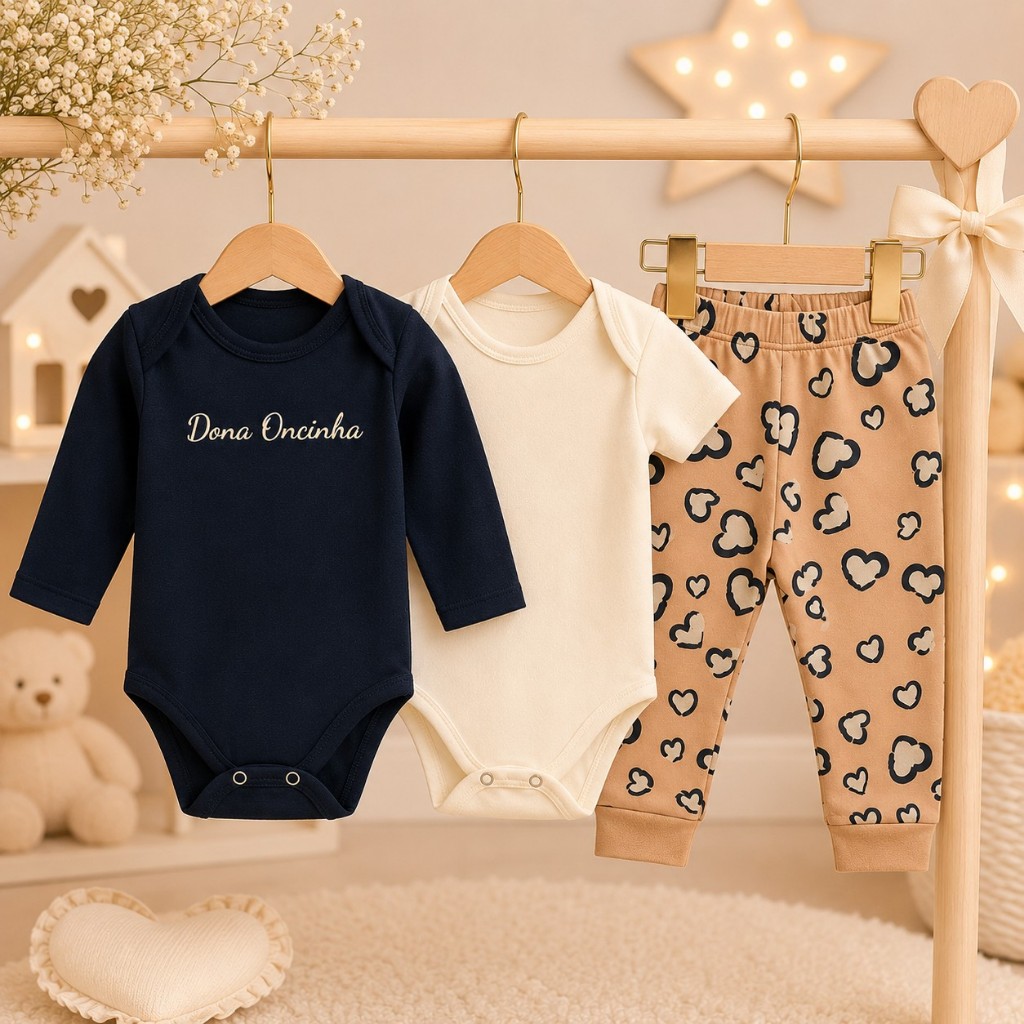 Kit Body Bebê 3 Manga Longa, Manga Curta E Calça Roupas de Bebê MENINA Enxoval Presente Estampa Exclusiva