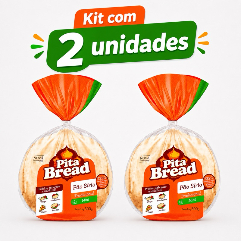 Kit 2 unid. Pão Sírio Mini Tradicional Pita Bread Pacote 300g cada