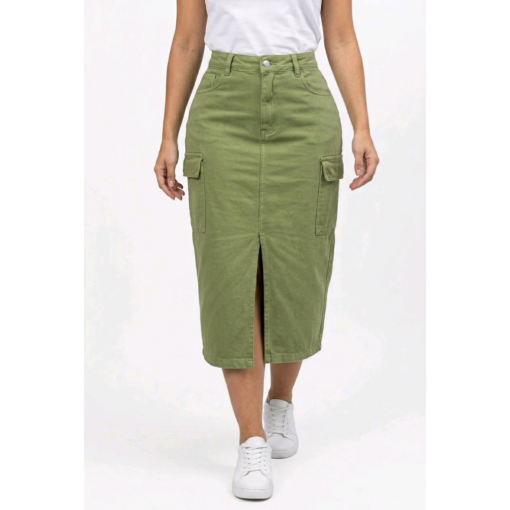 Saia Midi Cargo Jeans Feminina com Bolso Lateral