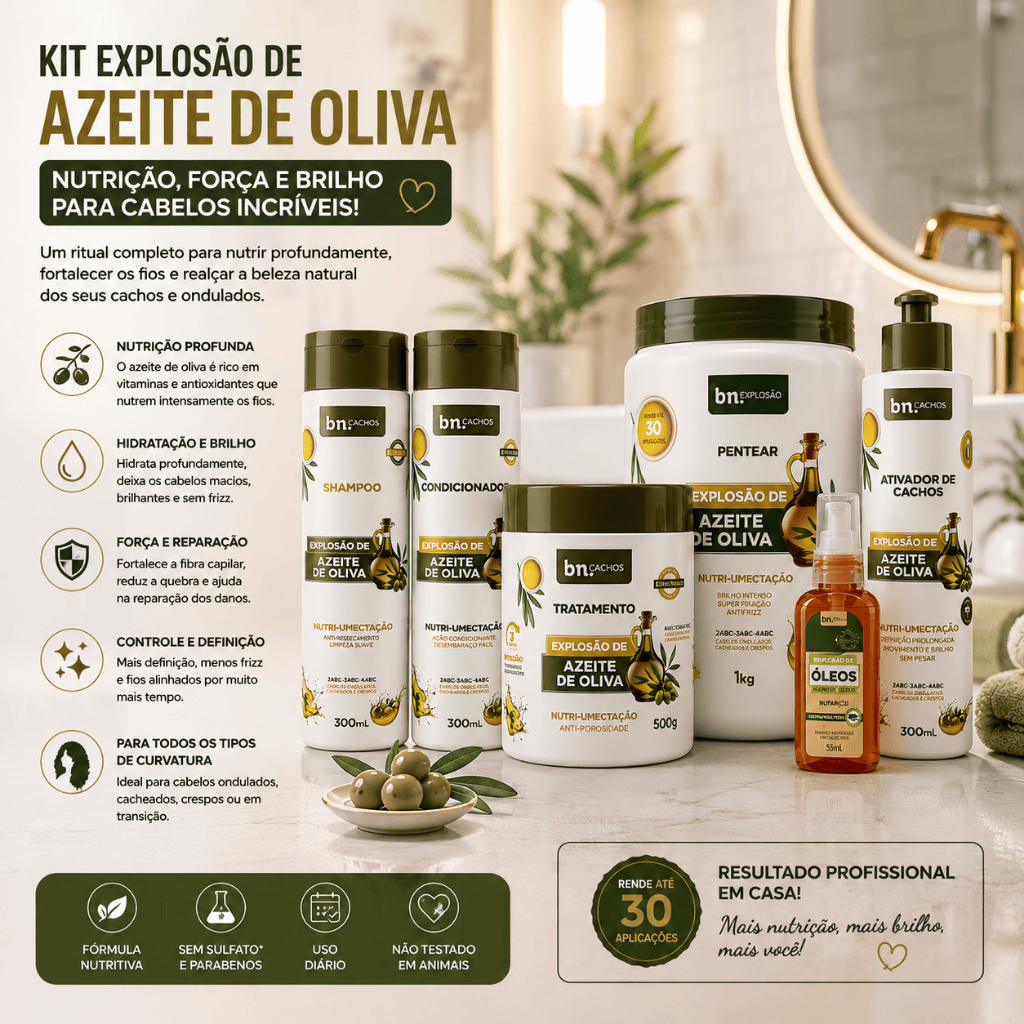 Kit 6 Produtos Azeite de Oliva Beleza Natural bn.Cachos Shampoo Condicionador Máscara Creme Ativador Óleo