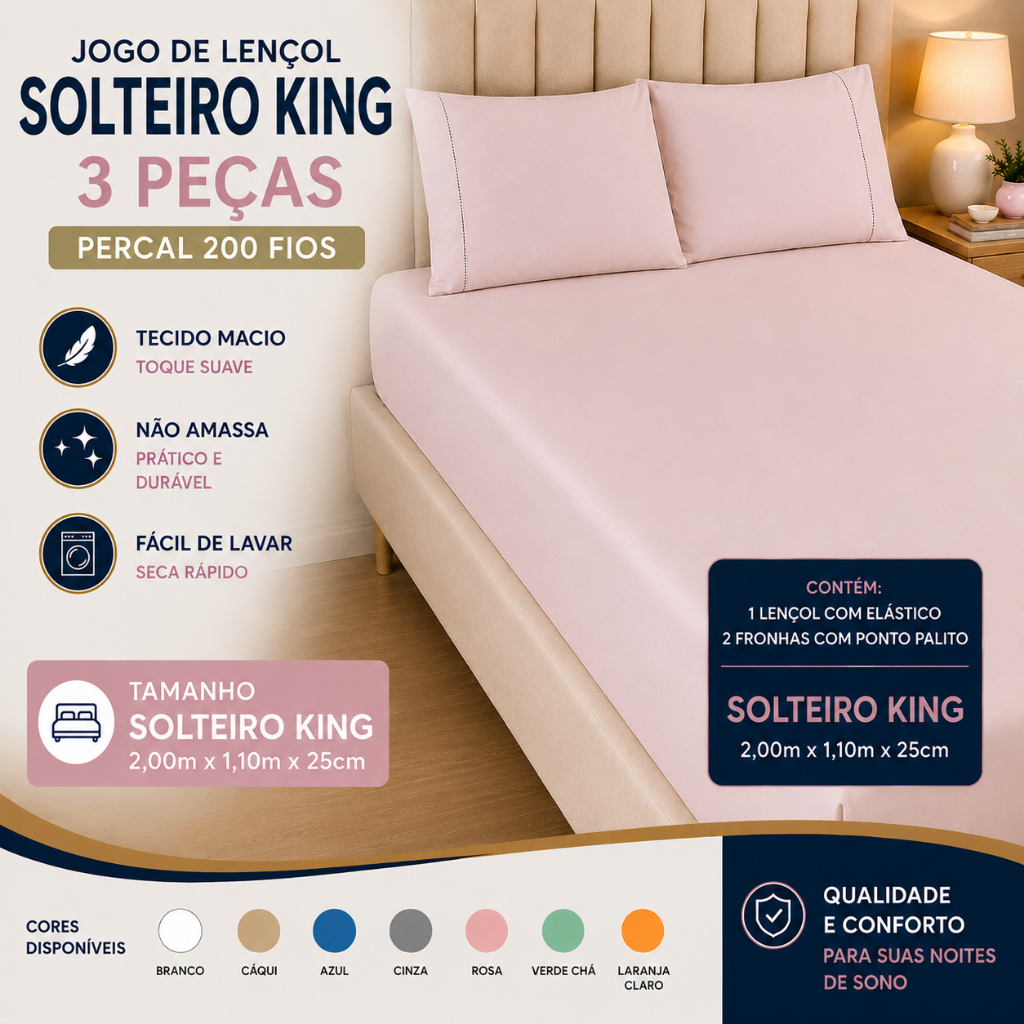 Jogo De Lençol Solteiro King 3 Peças - Percal 200 Fios