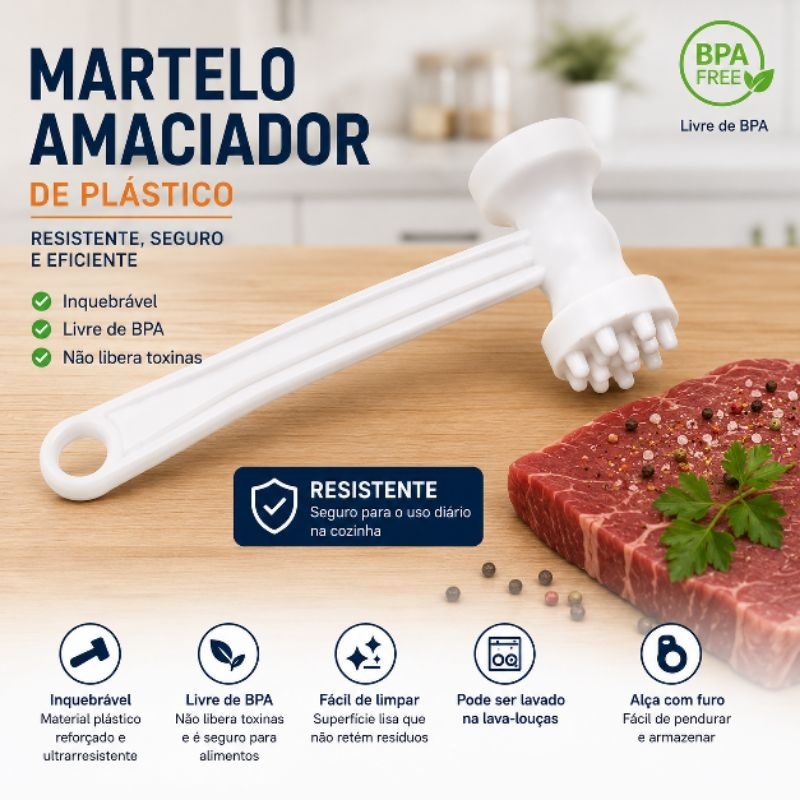 Martelo amaciar carne Plastico Batedor bife profissional churrasco chef cozinha restaurante branco