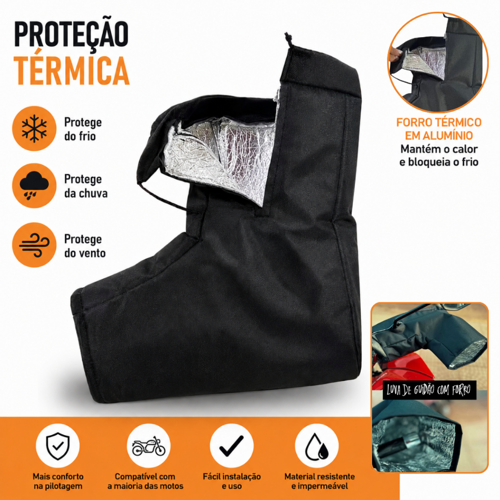 Luva de Guidão Térmica Impermeável Motoboy Com Manta Alumínio Polaina Protetor Moto Frio e Chuva