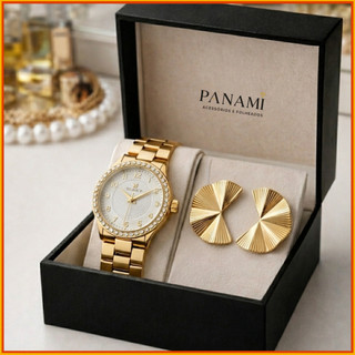 Kit Relógio Feminino Dourado Luxo + Brincos leque Elegante | Presente Dia das Mães Panami
