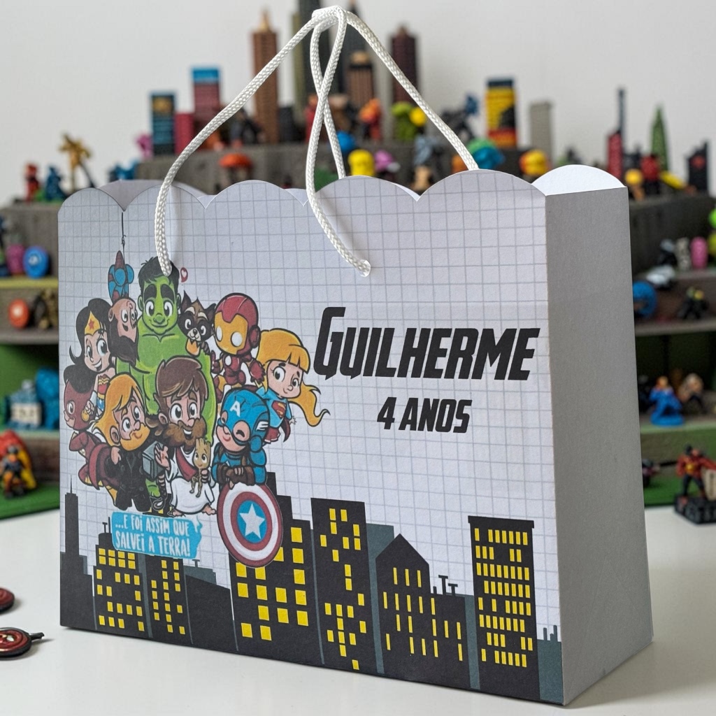 Sacolinha Surpresa Personalizada Vingadores Baby com Jesus (Pegue e Monte) Lembrancinha Festa Infantil Nome e Idade