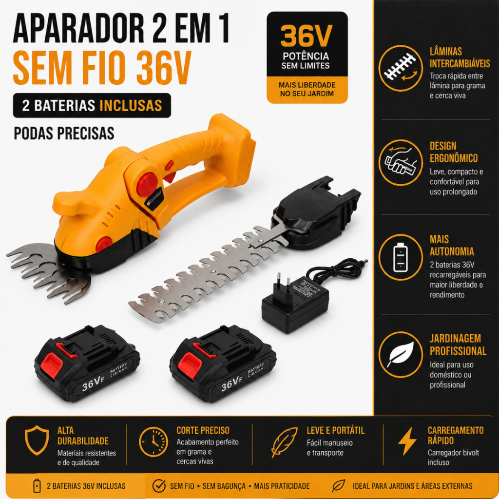 Aparador De Cerca Viva Tosquiadeira Sem Fio 36V Com 2 Baterias Recarregáveis Corte Grama Arbustos