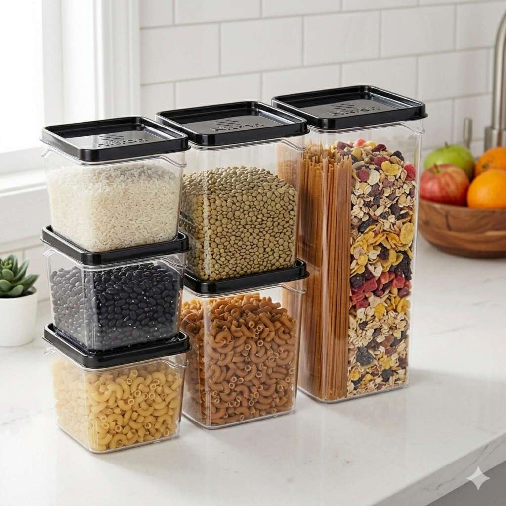 Kit 6 Potes Herméticos Vedação Forte Kit Organizador Cozinha Mantimentos Transparente e preto Empilhável BPA Free Nitron