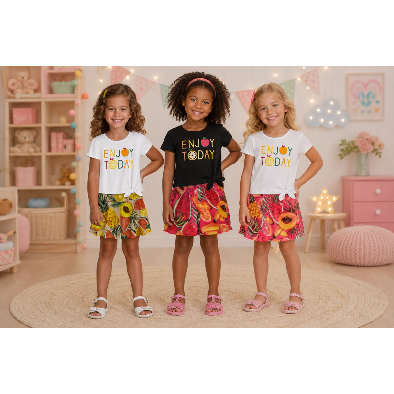 Conjunto Kyly Infantil Menina Verão Delicado Short-Saia Dia a Dia Confortavel Promoção Macio Leve
