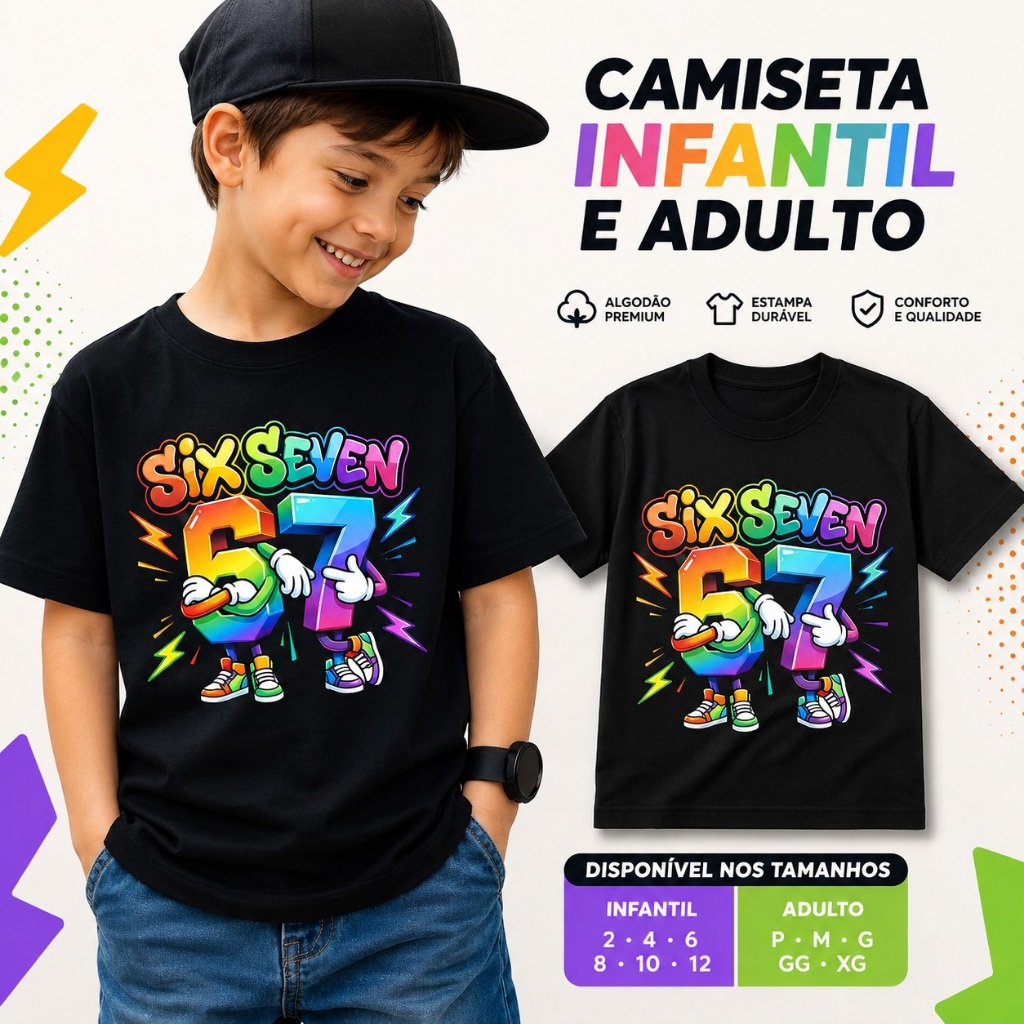 Camiseta Infantil e Adulto Estampada 100% Algodão Confortável Estilo Moderno Six Seven