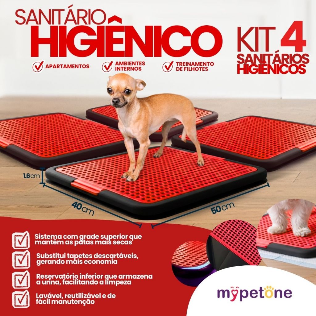 4 Tapete Sanitário Higiênico Lavável Educa Pet Xixi Cães Mypetone Vermelho