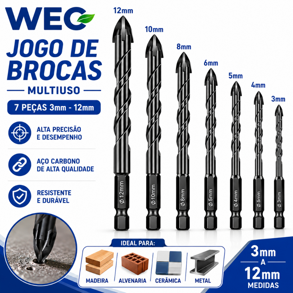 Jogo de 7 Brocas de Liga de Titânio Perfura concreto metal vidro madeira e cerâmica