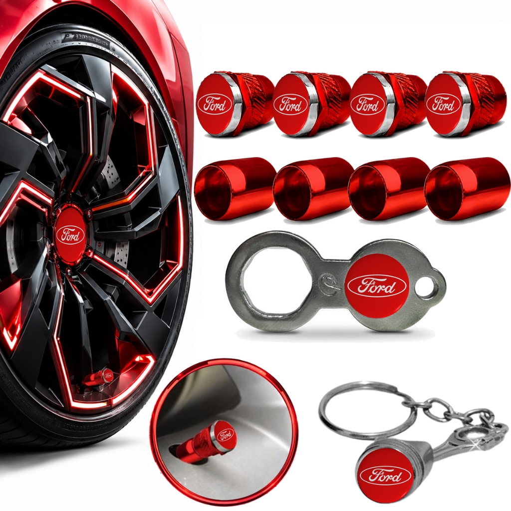 Jogo Antifurto Vermelho para 04 Rodas Ford Aro Metal Inox Tampa Válvula Pneu Pito