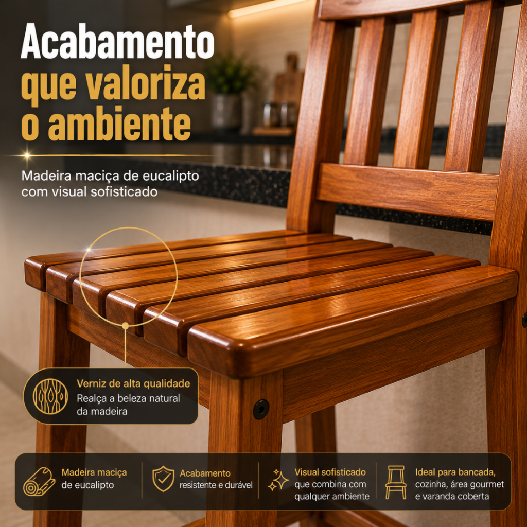 Jogo Banqueta Alta Encosto Madeira Maciça Eucalipto Área Gourmet Bistrô Balcão Bar Cozinha Moderna