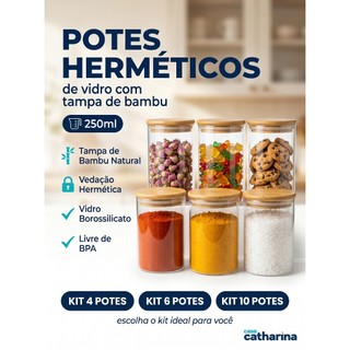 Kits 4|6|10 Potes Herméticos Vidro 250ml Tampa Bambu Vedação Para Temperos Mantimentos e Condimentos