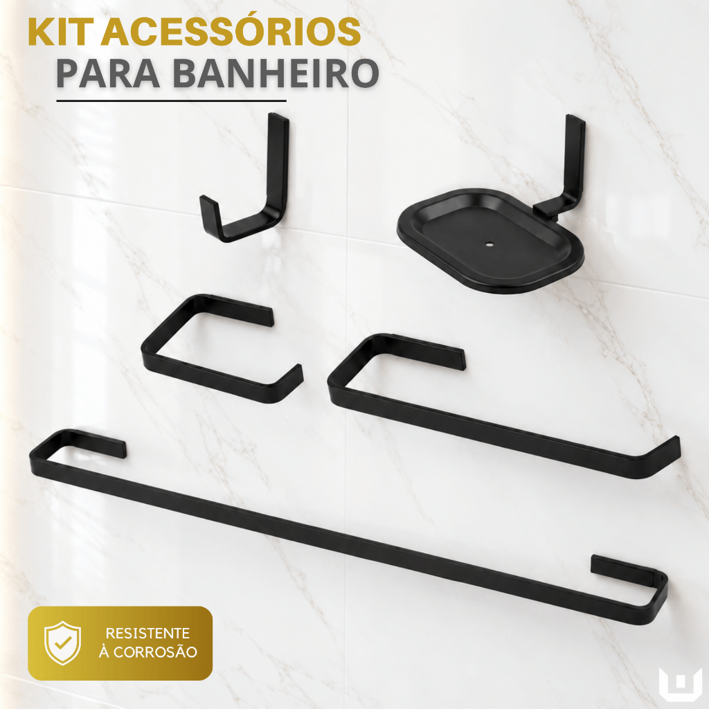Kit Acessórios 05 Peças Quadrado Para Banheiro Stander Preto Fosco