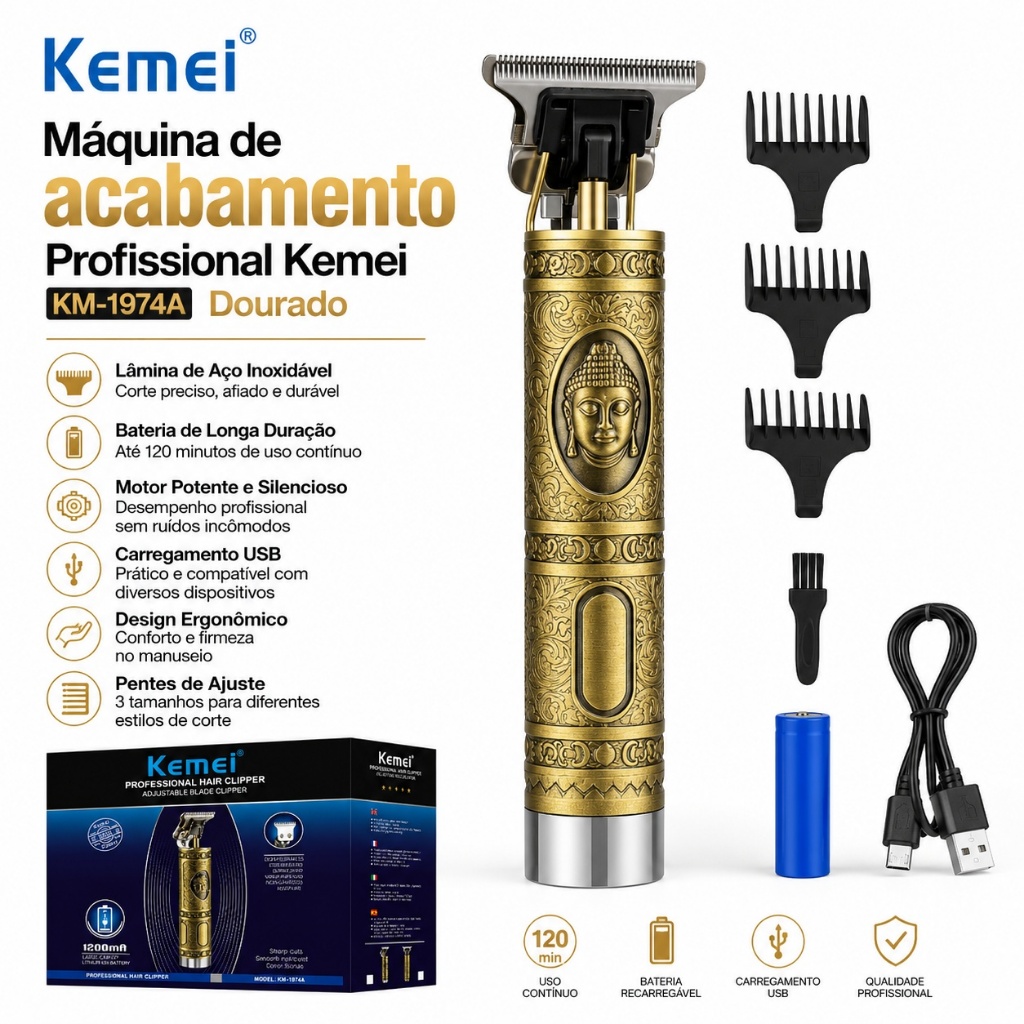 Máquina De Acabamento Kemei KM-1974A Profissional Barba Cabelo Recarregável USB Dourada