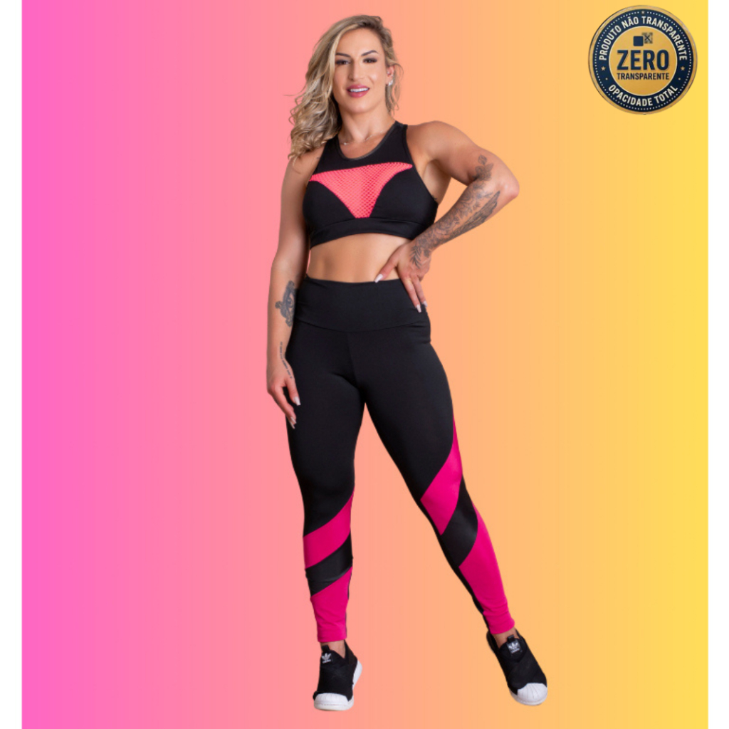 Conjunto Fitness Feminino Calça Legging Cintura Alta Trançado Perna E Top Nadador Tela Sustentação Academia RIQ Modas