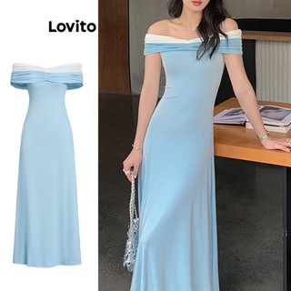 Lovito Vestido Feminino Longo Elegante Ombro a Ombro DRB99ED1033