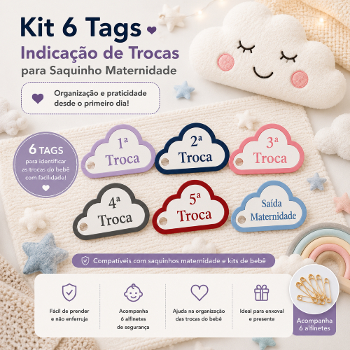 Kit 6 Tags Etiqueta Indicação de Trocas para Saquinho Saída Maternidade Bebê (Somente Tag)