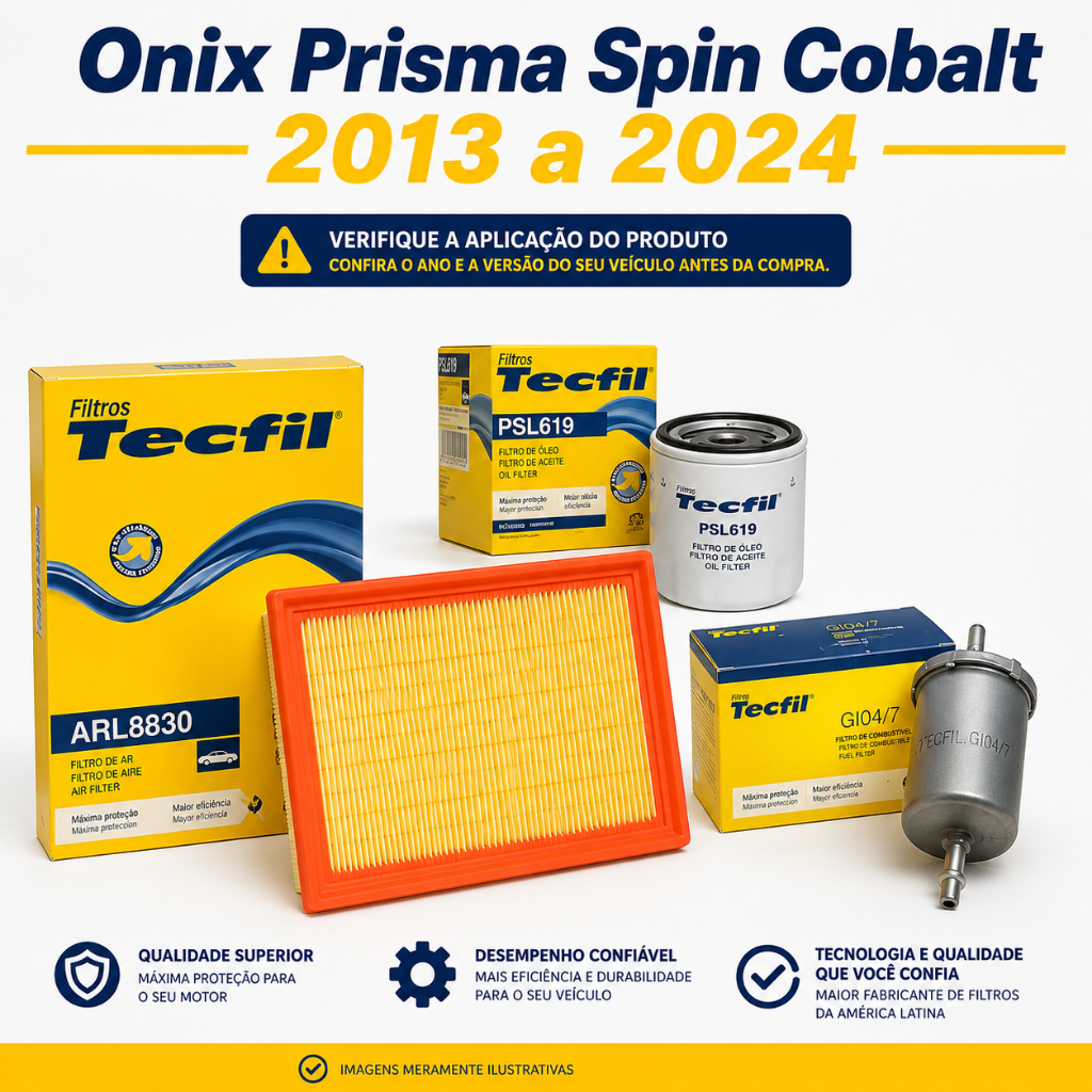 Kit Filtros Gm Onix Prisma Spin Cobalt Ar Oleo Combustivel 2013 a 2024 Tecfil Original