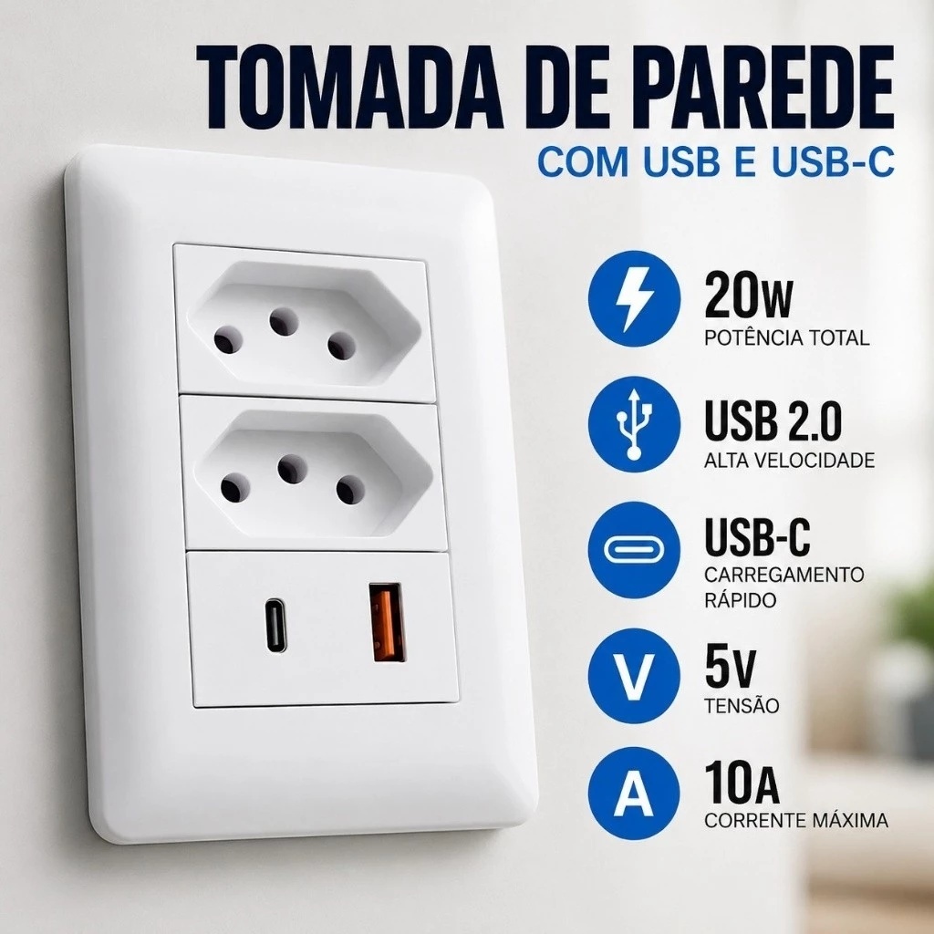 Tomada de Parede USB e USB-C Carregador Rápido 4 Em 1 Bivolt 10A 110V 220V Branco